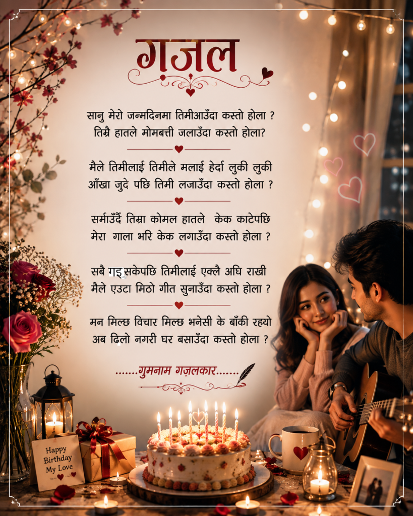 Purpose of generation this image using AI is to make easy to read and share in social media. Texts are originally written by the writer of this poem (Ghazal) 